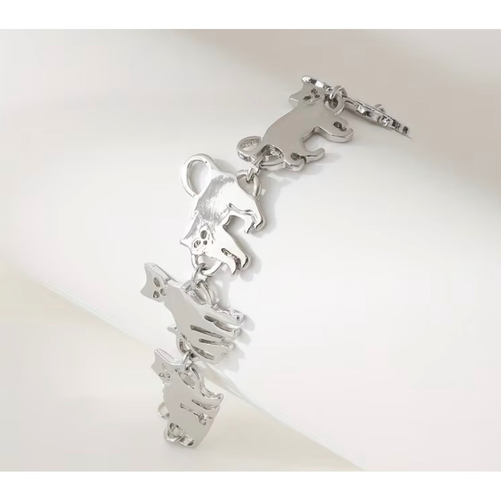 Cat charm Bracelet Women 7" Silver tone Polished Whimsical New